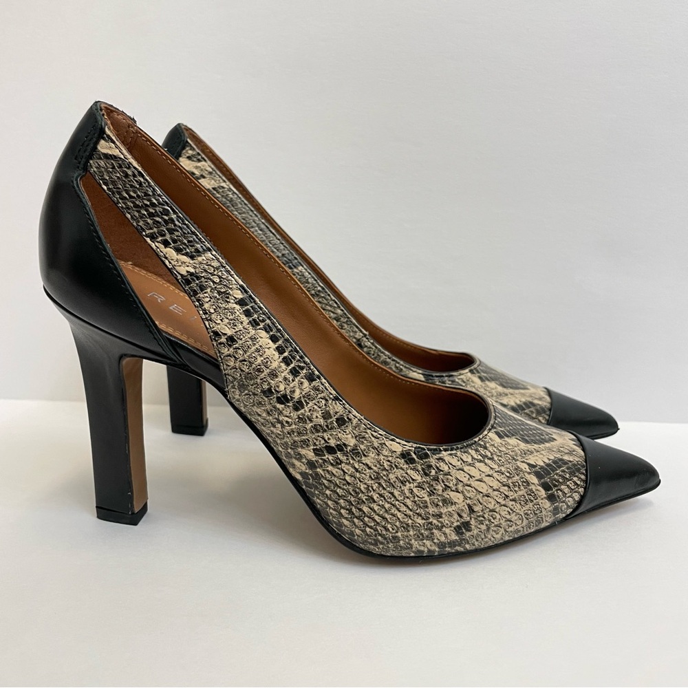 Reiss Black & Snakeskin Samara Triangle Heel Pointed Toe Cut Out Heels